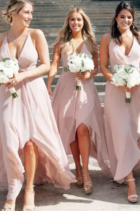 A-line V-neck Hi-low Blush Pink Chiffon Long Bridesmaid Dresses GB397