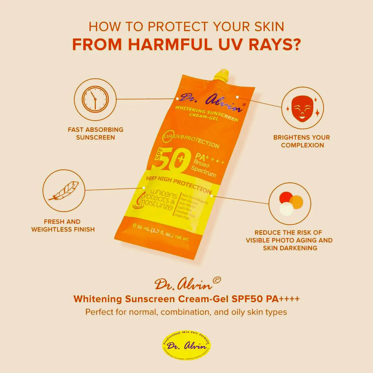 Dr. Alwin Whitening Sunscreen Cream Gel SPF 50   50ml