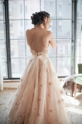 NumberSea Blush Pink A-line Sweetheart Floral Backless Wedding Dress, Bridal Gowns, MW761