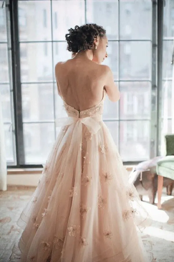 NumberSea Blush Pink A-line Sweetheart Floral Backless Wedding Dress, Bridal Gowns, MW761